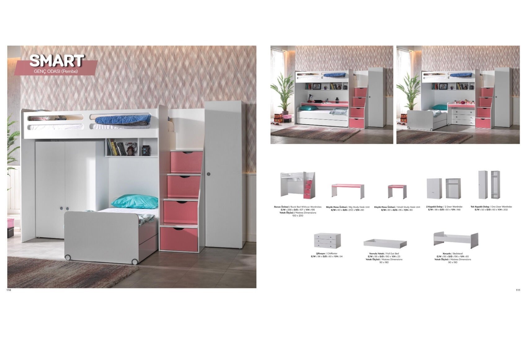 Smart Genç Odası  Takımı Pembe (3'lü Dolap)